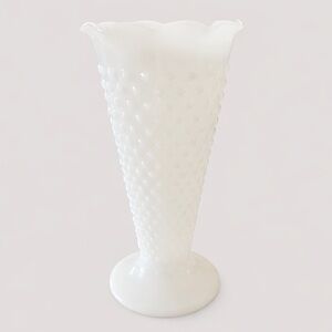 Vintage Mid-Century Fenton Hobnail White Milk Glass Vase – 9” Ruffled Edge